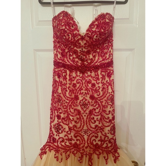 Tony Bowls Nude Prom Mermaid Gown With Red Beading (size 4) - Picture 3 of 12